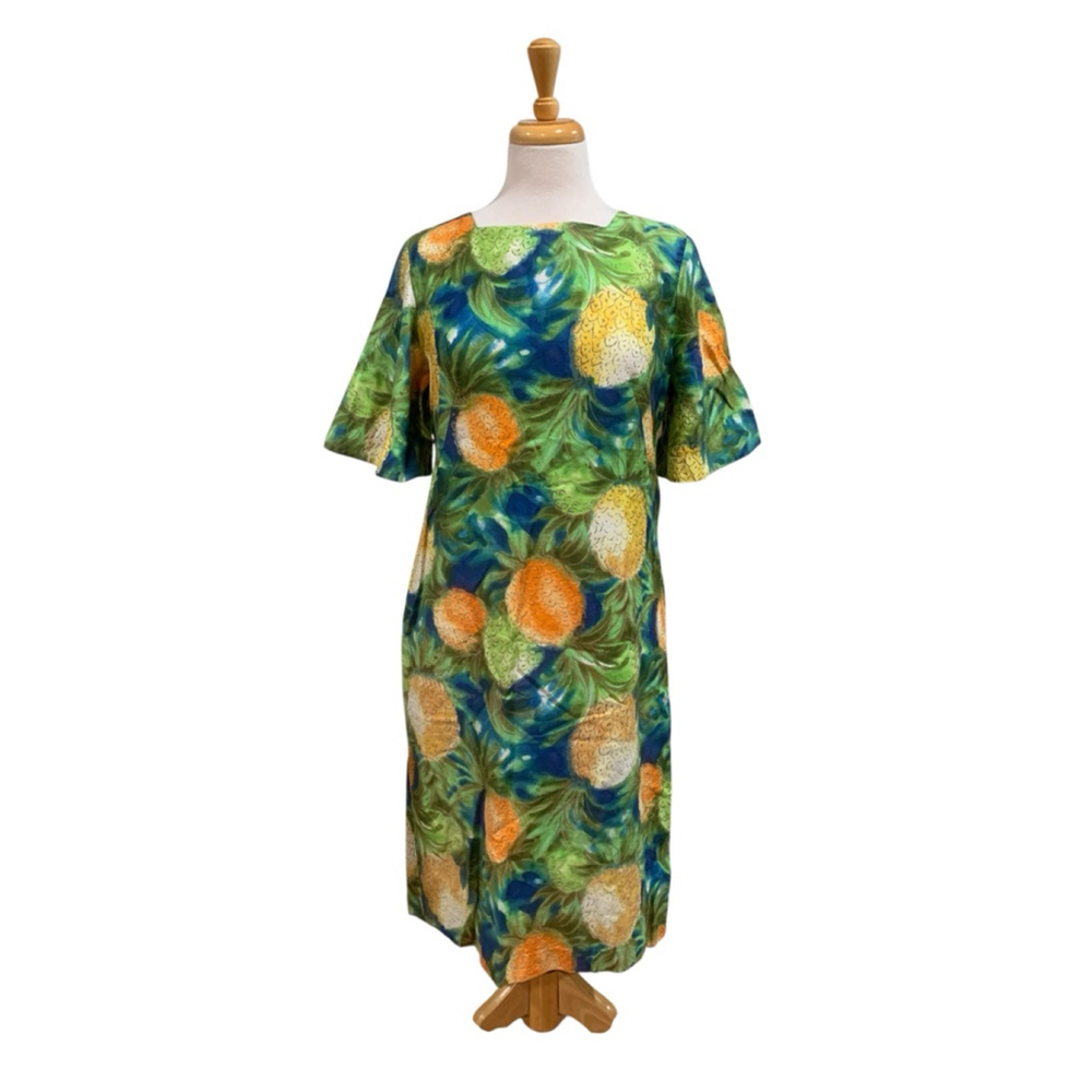 Vntg 70’s Women's Ui-Maikai Green Orange Pineapple Print Dress size M/L
